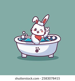 Cute Cartoon Rabbit in Bathtub with Bubbles