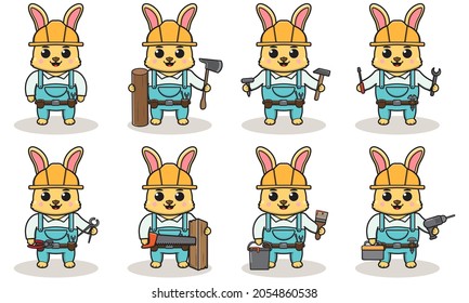 Cute cartoon of Rabbit being a handyman. Character animal. Cartoon style Handyman with the tools. Children's illustration.