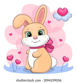 Cute cartoon rabbit with a big bow. Vector illustration of an animal on a pink background with hearts.