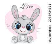 Cute cartoon rabbit with big eyes on a background with heart . Good for greeting cards, invitations, decoration, Print for Baby Shower etc. Hand drawn vector illustration with bunny cute print