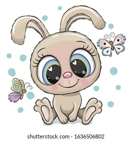 Cute Cartoon Rabbit with big eyes and butterflies on a white background