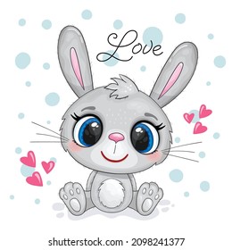 Cute cartoon rabbit with big eyes on a white background. Good for greeting cards, invitations, decoration, Print for Baby Shower etc. Hand drawn vector illustration with bunny cute print