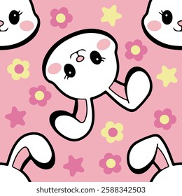 Cute cartoon rabbit with big eyes and rosy cheeks. pattern seamless