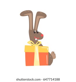 Cute cartoon rabbit with big gift box Happy Birthday colorful vector Illustration