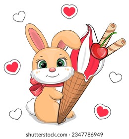 Cute cartoon rabbit with big ice cream. Summer animal vector illustration on white background with red hearts. 