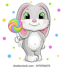 Cute cartoon rabbit with a big lollipop. Vector illustration of an animal with colorful candy.  