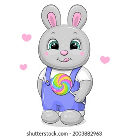 Cute cartoon rabbit with a big lollipop. Vector illustration of an animal on a white background with hearts.