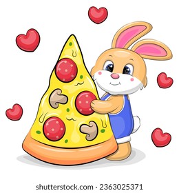 Cute cartoon rabbit with a big piece of pizza. Vector illustration of animal on a white background with red hearts.