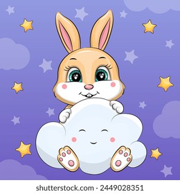 A cute cartoon rabbit and a big smiling cloud. Vector illustration of an animal in the night sky with stars.