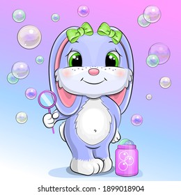 Cute cartoon rabbit blowing bubbles. Vector illustration of animal on the colorful background.