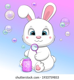 Cute Cartoon Rabbit Blowing Bubbles. Vector Illustration Of Animal On The Colorful Background.