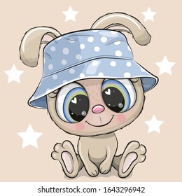 Cute Cartoon Rabbit In A Blue Panama Hat 