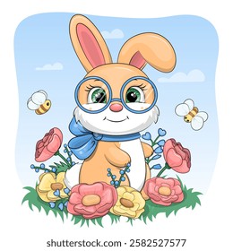 Cute cartoon rabbit with blue ribbon, flowers and bees. Spring vector illustration of animal in nature on blue background.