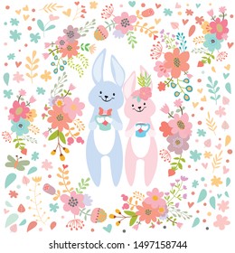 Cute cartoon rabbit in botanical tropical sweet floral flower garden for valentine or wedding invitation card,illustration vector by freehand doodle comic art Image type