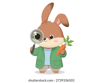 Cute Cartoon Rabbit Botanist Holding Magnifying Glass and Carrot, Little Bunny Researcher Character Illustration in Flat Textured Style