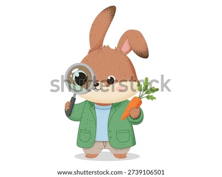 Cute Cartoon Rabbit Botanist Holding Magnifying Glass and Carrot, Little Bunny Researcher Character Illustration in Flat Textured Style