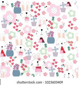 Cute cartoon rabbit bunny character smile and satisfied in flower garden,happy seamless pattern by hand draw doodle comic style,animal set vector design