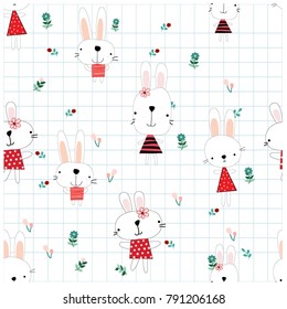 Cute cartoon rabbit bunny character smile and satisfied in flower garden,happy seamless pattern by hand draw doodle comic style, set vector design