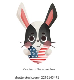 Cute cartoon a rabbit or bunny is holding a heart balloon in watercolor style vector illustration. the holiday Independence Day of American,USA,4th of July.
