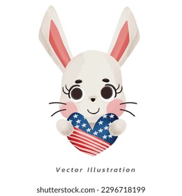 Cute cartoon a rabbit or bunny is holding a heart balloon in watercolor style vector illustration. the holiday Independence Day of American,USA,4th of July.