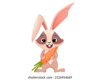 Cute cartoon rabbit or bunny with orange carrot. Funny hare for Easter banners and greeting cards. Vector illustration isolated on white background