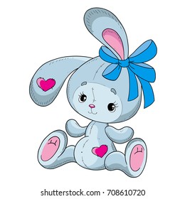 Cute cartoon rabbit. Bunny teddy with a pink bow. Vector character rabbit teddy. Isolated on white background.