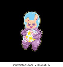 Cute Cartoon Rabbit Bunny Wear Astronaut Suit Bring Egg