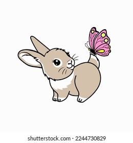 Cute cartoon rabbit with butterfly on tail . Happy Easter Card. Spring  design.