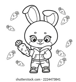 Cute cartoon rabbit  with carrot in paw outlined for coloring page on white background