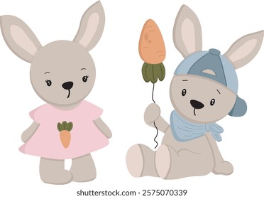 Cute cartoon rabbit with carrot. Vector clipart, illustration with isolated background.