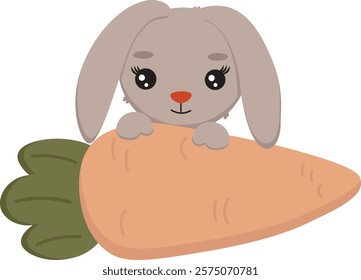 Cute cartoon rabbit with carrot. Vector clipart, illustration with isolated background.