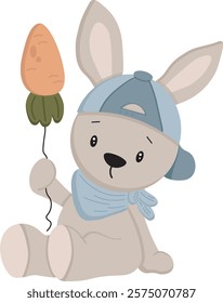 Cute cartoon rabbit with carrot. Vector clipart, illustration with isolated background.