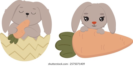 Cute cartoon rabbit with carrot. Vector clipart, illustration with isolated background.