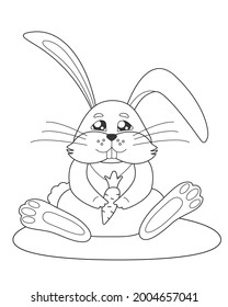 Cute cartoon rabbit with carrots. Coloring page