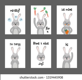  Cute cartoon rabbit with carrots, different characters. Set of cards for greeting in modern hand drawn style.  Isolated cartoon illustration for  kid book, greeting cards textile.