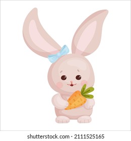 Cute cartoon rabbit with carrots. Vector graphics.