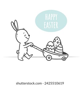 Cute cartoon rabbit and cart with eggs. Doodle style. Card for easter and spring. Vector illustration
