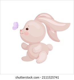 Cute cartoon rabbit catches a spring butterfly. Vector graphics.