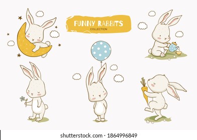 Cute cartoon rabbit character collection. Bunny on the moon, with balloon and carrot. Hand drawn vector illustration
