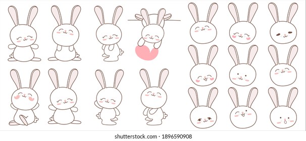 Cute cartoon Rabbit character collection, With different emotions, hand drawn illustrations.