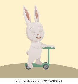 Cute cartoon rabbit character. Illustration concept of a summer plot. The symbol of the new year. Chinese New Year 2023 poster. Set of stickers with child rabbit on scooter