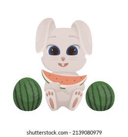 Cute cartoon rabbit character. Illustration concept of a summer plot. The symbol of the new year. Chinese New Year 2023 poster.  Set of stickers with rabbit eating watermelon