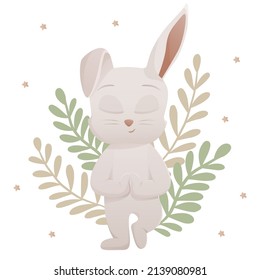 Cute cartoon rabbit character. Illustration concept of an autumn plot. The symbol of the new year. Chinese New Year 2023 poster.  Set of stickers with meditating rabbit yogi