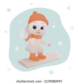 Cute cartoon rabbit character. Illustration concept of a winter plot. The symbol of the new year. Chinese New Year 2023 poster. Set of stickers with rabbit snowboarder