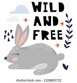 Cute cartoon rabbit. Rabbit character vector print for  cards, posters, cards, t-shirts, book, textile. Rabbit and flowers vector illustration.
