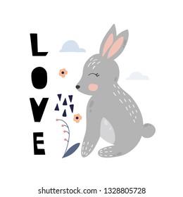 Cute cartoon rabbit. Rabbit character vector print for  cards, posters, cards, t-shirts, book, textile. Rabbit and flowers vector illustration.
