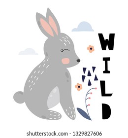 Cute cartoon rabbit. Rabbit character vector print for  cards, posters, cards, t-shirts, book, textile. Rabbit and flowers vector illustration.
