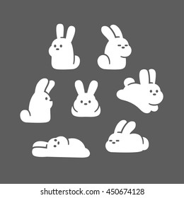 Cute cartoon rabbit characters set. Simple and adorable hand drawn white bunnies in different poses. Vector illustration.