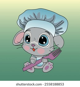 Cute cartoon rabbit in a chef's hat with a fork. Profession: cook. Vector illustration.