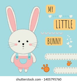 Cute cartoon with a rabbit. Children's media, children's clothing, card. Vector illustration.